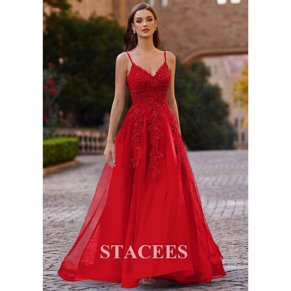 Prom Red A-line Princess V Neck Sweep Train Tulle Dress - Picture 1 of 3